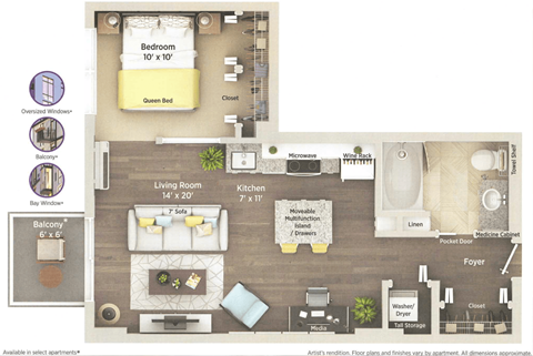 Floor plan for studio, 1 bath, 571 sqft